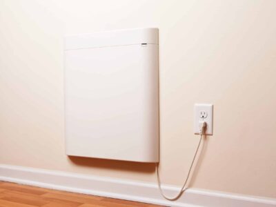 A wall-mounted electric convection heater in a house room. This particular installation acts as supplemental heat when temperatures get very cold outside. This heater is very energy efficient, air is drawn up from the bottom and rises across a heating panel out the top without the use of a fan.
