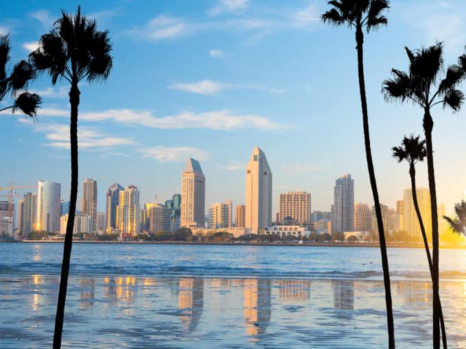 Downtown San Diego skyline in California, USA at sunset