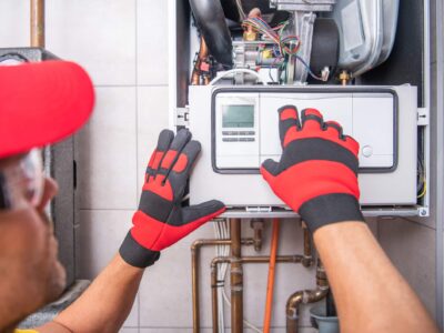 Gas Heater Repairing Performed by Caucasian HVAC Technician in His 40s. Modern Heating Technologies.