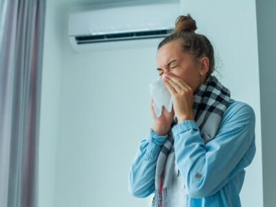 Sick sneezing woman caught a cold from the air conditioner at home