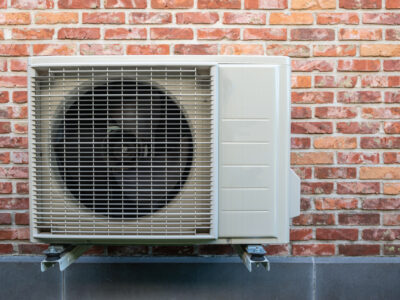 Heat pump air conditioning outdoor unit on wall.