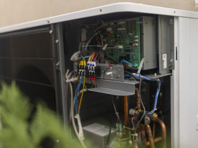 Close-up of the installation of the heating pump in the yard