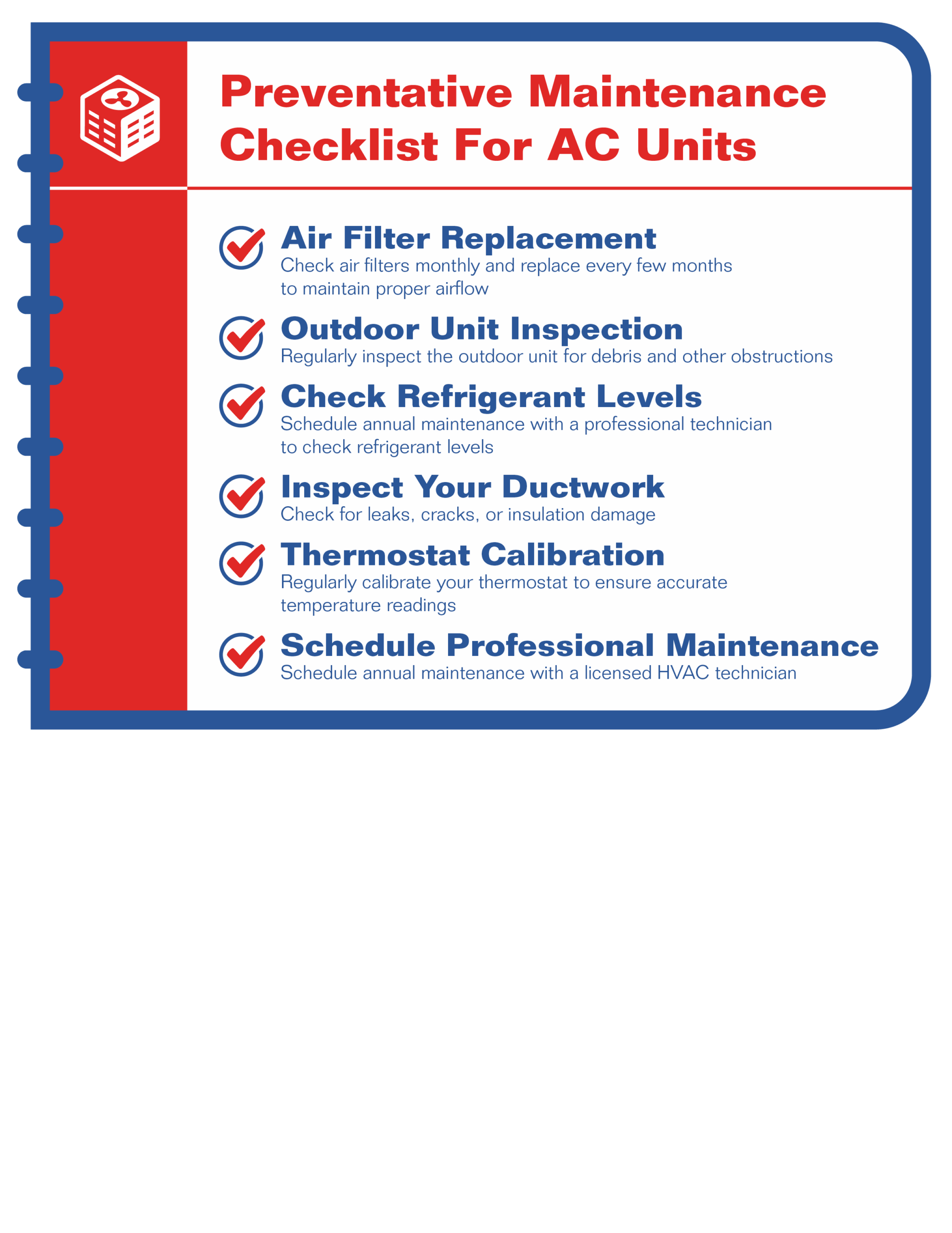 A checklist of the best preventative maintenance practices for AC units.